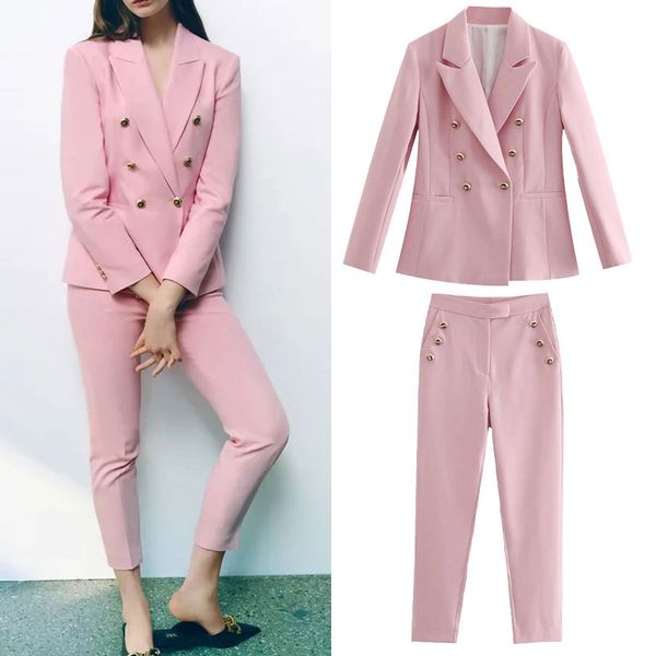 

za 2021 women's suit fashion four-color blazer office long sleeve chic buttons coat+high waist pant casual two piece set, White;black