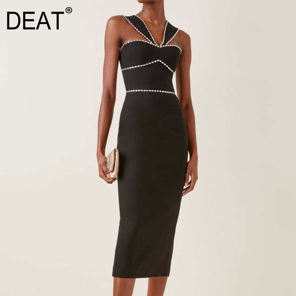 

[deat] summer fashion high waist beading sleeveless solid color temperament quality dress women 13d126 210527, Black;gray