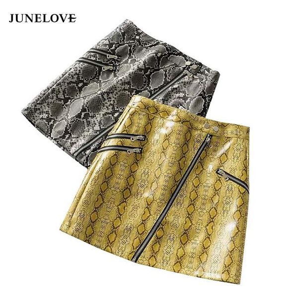

skirts junelove women retro high waist mini vintage snake print female casual lady zipper pu leather bottoms, Black