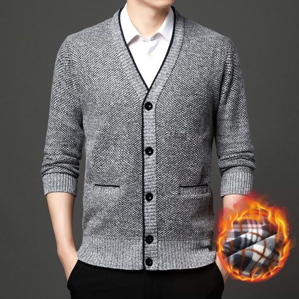 

men's sweaters 2021 autumn winter simple solid color v-neck sweater casual plus velvet thick all-match men cardigan, White;black