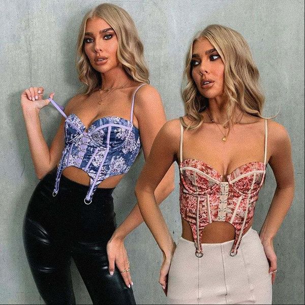 

summer corset floral bustier womens tank crop spaghetti strap print backless push up tanks cotton fashion short, White