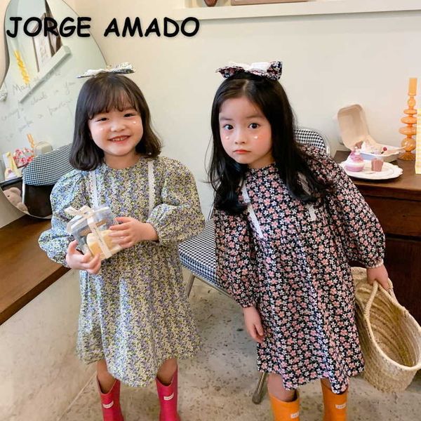 Le ragazze primaverili in stile coreano all'ingrosso vestono maniche a sbuffo abiti da principessa floreali con copricapo vestiti per bambini E684 210610