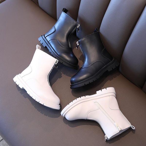 

brand autumn winter baby girls princess boots children' boots zipper leather mid-calf boot for girls school motorcycle boots, Black;grey
