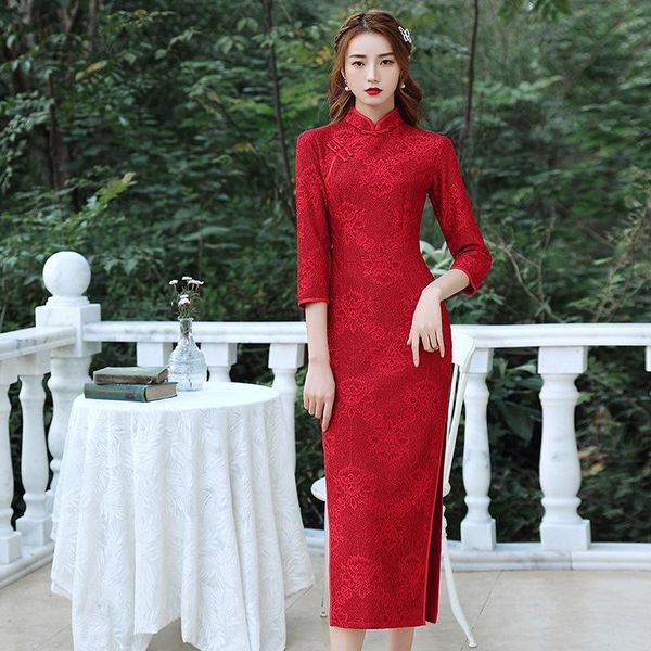 

autumn and winter composite plus velvet lace cheongsam dress improved retro republican style young models ethnic clothing, Red