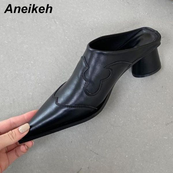 

aneikeh summer 2021 sapatos das mulheres stiletto heels slippers pointed toe pu basic sewing solid outside black size 35-39