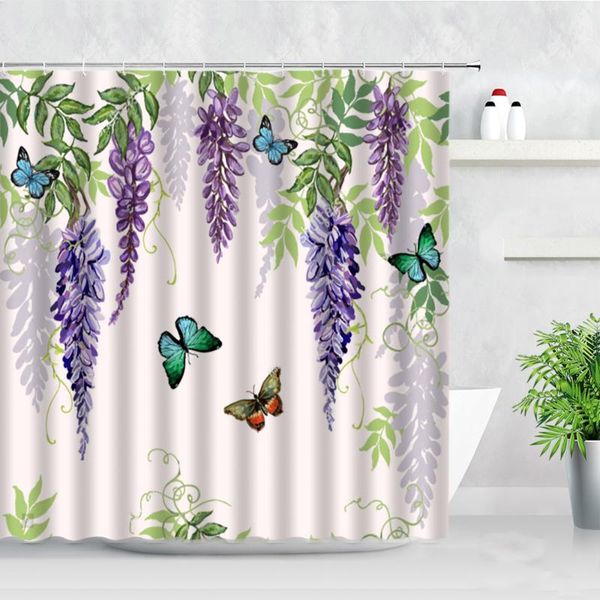 

shower curtains waterproof fabric bathroom purple flowers wisteria plant butterfly pattern printing modern nordic decor curtain