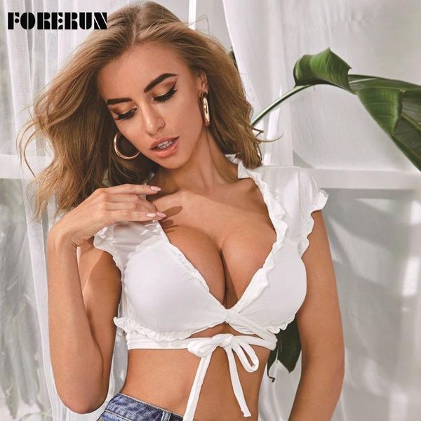 

white crop women summer deep v neck lace up bandage ruffle tank women's tanks & camis