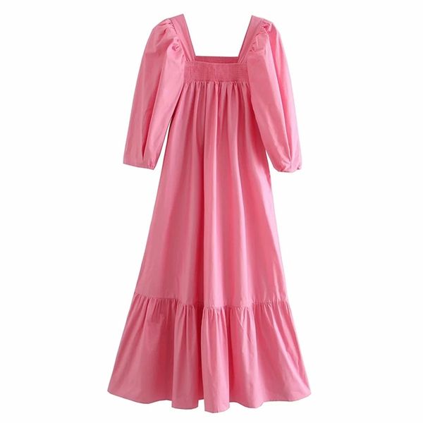 Mulheres Elastic Neck Square Slow Sleeve Dress Feminino Francês Meio-Comprimento Fluffy Skirt 210531