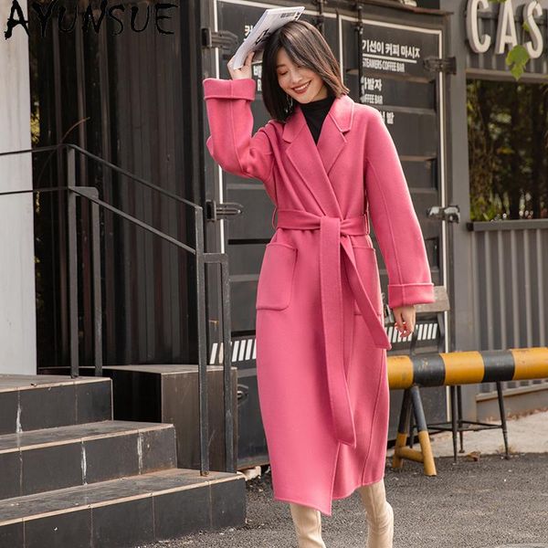 

women's wool & blends ayunsue 100% coat women korean female jacket long coats and jackets autumn winter 2021 abrigo mujer 18, Black