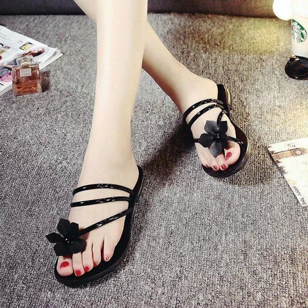 

summer flat toe sandals fashion bohemian pu leather flower beach korean women ladies rubber slippers flip flops, Black