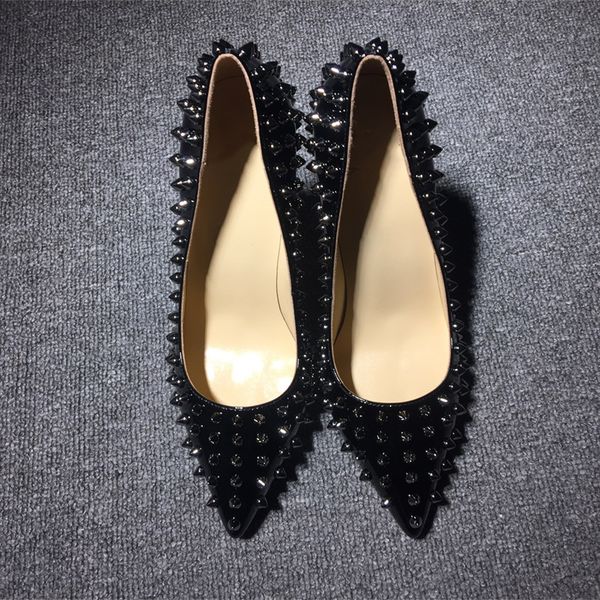 

black dress shoes ladies red bottom shoes high heels rivets leather pointed toe gift party banquet wedding with box