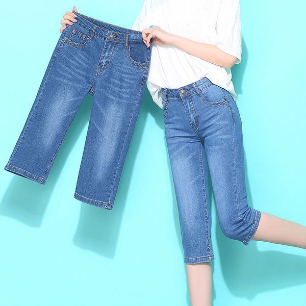 

women's jeans korean summer skinny capris women calf-length length denim pants high waist female slim jean for woman 9xen, Blue