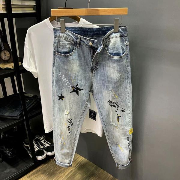 

men's jeans spring summer 2021 printed ripped ankle length pants korean loose harem hip-hop scratched feet pencil, Blue