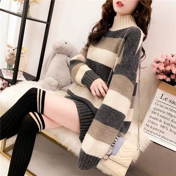 Frauen Langarm Streifen Lose Pullover Pullover Herbst Winter Casual Dicke Hälfte Rollkragen Gestrickte Shirts Tops 210514