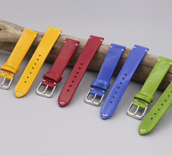 

watch bands 2021 calf leather handmade thin watchband 18mm 20mm 22mm blue red green yellow soft genuine band strap, Black;brown