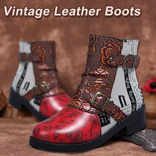 

boots ankle for women vintage splicing printed shoes pu leather retro block low heels female bootie#, Black