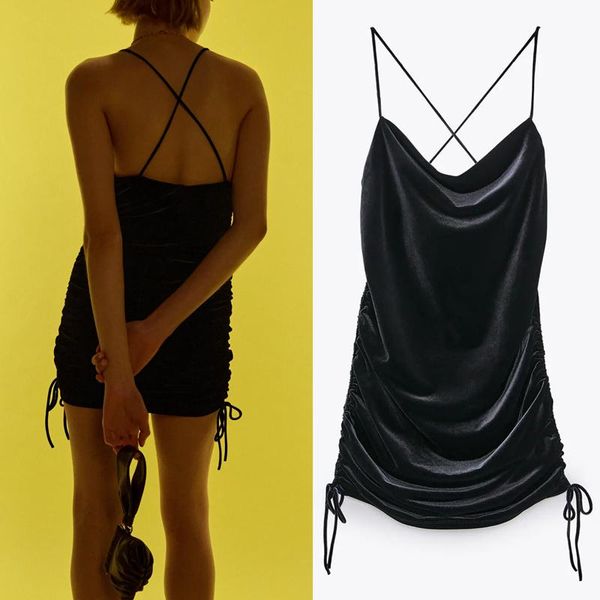 

women draped velvet mini dress sleeveless spaghetti straps blackless party dresses female adjustable pleats ruched casual, Black;gray