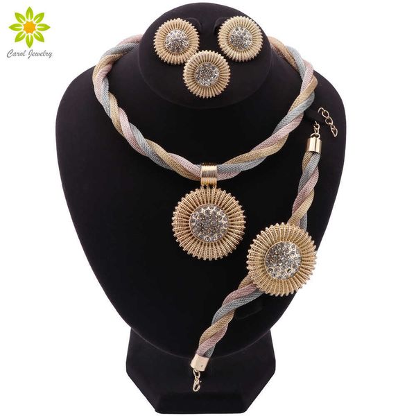 Jóias africanas Charm Colar Brincos Dubai conjuntos de jóias coloridas para mulheres casamento bridal pulseira anel pingente jóias conjunto H1022