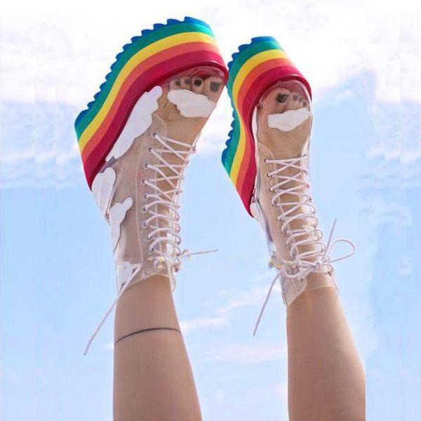 

boots transparent pvc platform cross lace women's shoes in summer, Black