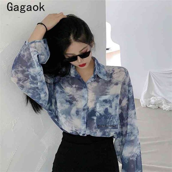 

women blouses spring autumn streetwear pockets tie dye loose shirts casual harajuku fashion korean wild blouse 210531, White