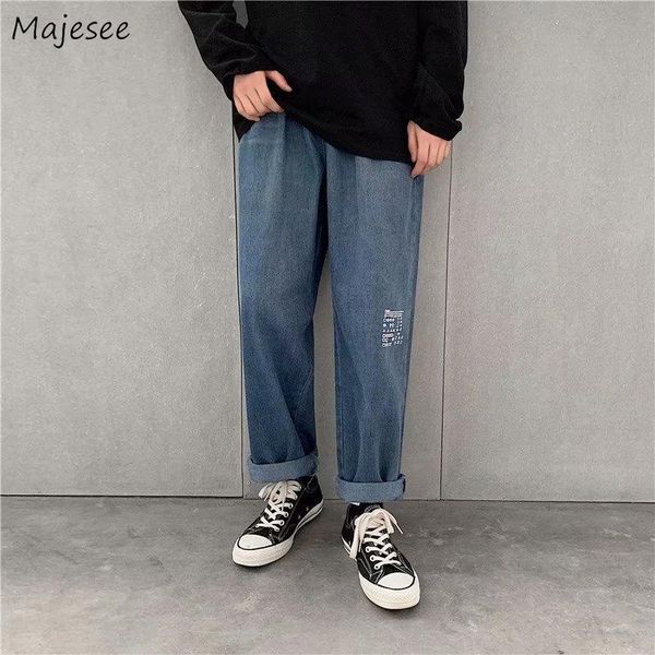 

men's jeans spring summer men printed elastic waist denim trousers loose vintage preppy style all-match streetwear casual teens retro, Blue