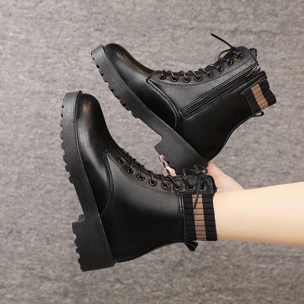 

boots 2021 black pu leather ankle women winter fashion casual round toe lace up motorcycle platform botas mujer