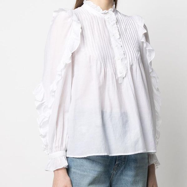 

women's blouses & shirts 2021 ruffles trim long sleeve blouse neckline lace white black ladies pleated shirt top