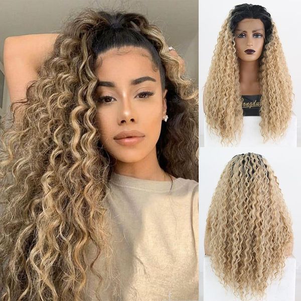 

synthetic wigs rongduoyi ombre blonde lace front for women long high temperature wig side part kinky curly blonded, Black
