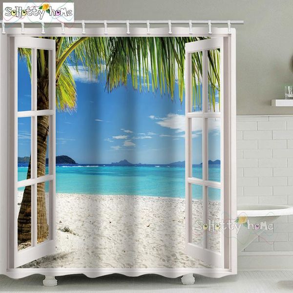 

shower curtains 3d beach printed curtain for bathroom with hook coconut tree outside the window waterproof polyester fabric