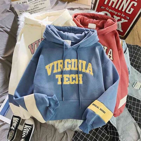 

oversized hoodies women thicker letter warm pullover coat drawstring harajuku sweatshirt pink womens korean 210909, Black