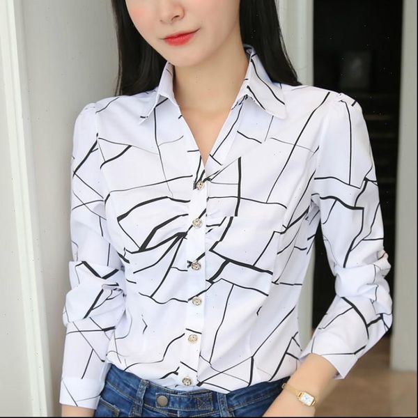

women blouses jfuncy plus size and stripe print elegant long sleeve office work wear shirts female slim blusas, White
