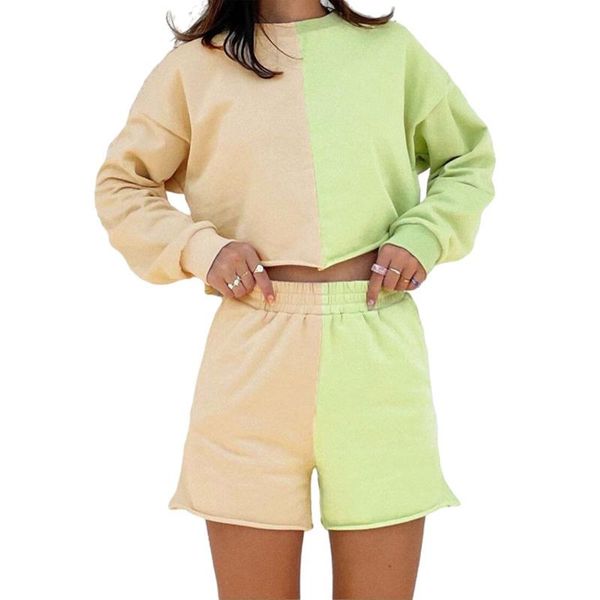 

women's tracksuits 2 pcs women casual outfits adults color block long sleeve round neck crop + shorts spring and autumn 2021, Gray