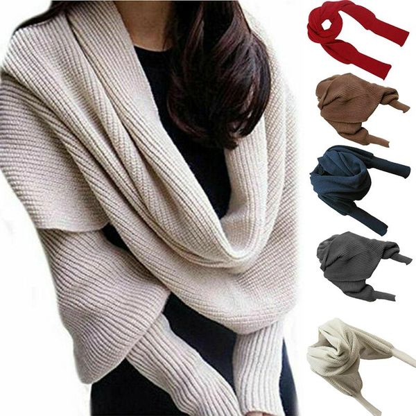 

scarves winter warm knitted wrap crochet thick shawl cape with sleeve scarf for women and men jl, Blue;gray