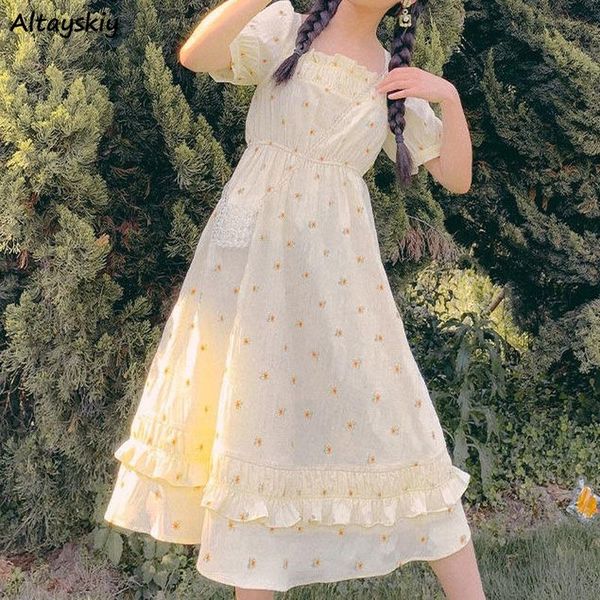 

casual dresses short sleeve women square collar mid-calf princess style french sweet printing leisure baggy student vestidos girls ins, Black;gray