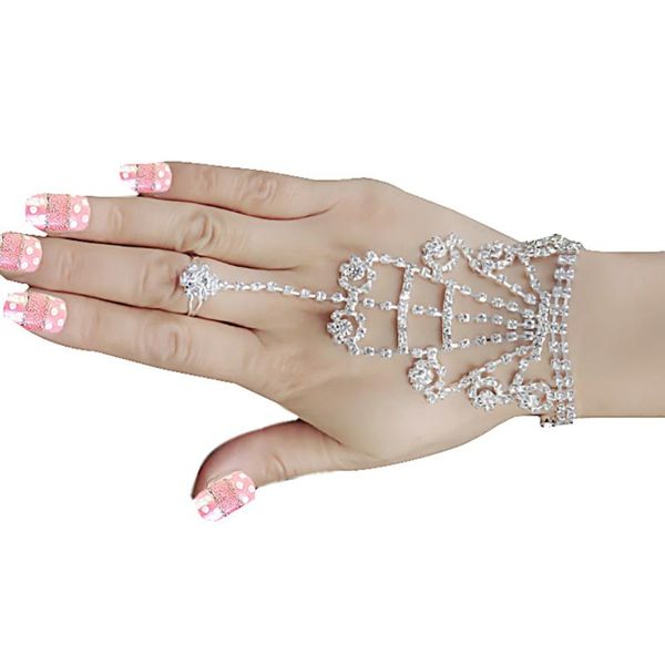

charm bracelets fashion jewelry beautiful rhinestone crystal chain linked finger loop bracelet elegant women's wire hand harness, Golden;silver