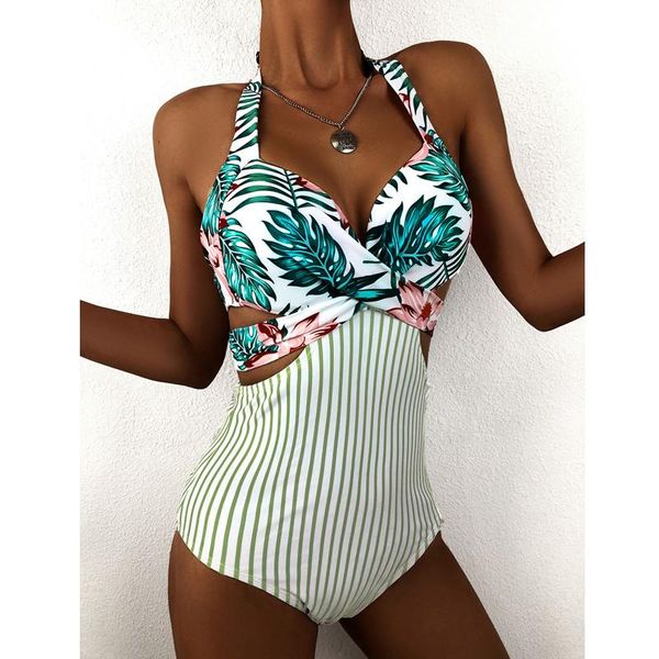 

women one piece swimsuit padded leaf print monokini vintage summer ladies beach wear maillot de bain femme one-piece suits