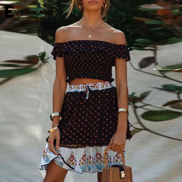 

two piece dress everkaki boho 2 pieces suits sets women floral print summer off shoulder and elastic skirt female 2021 spring, White