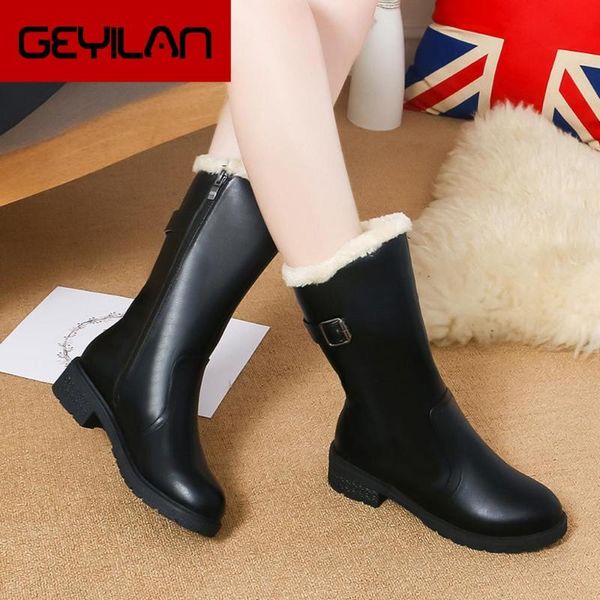 

boots buckle strap women leather winter solid color mid-calf snow rain ladies footwear keep warm shoes botines mujer, Black