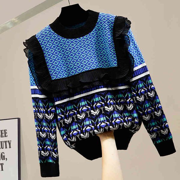 

women's sweaters ruffles patchwork vintage print loose sweater women o-neck korean knitted pullover long sleeve modis s765, White;black