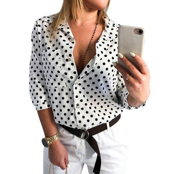 

women's blouses & shirts women blouse polka dot shirt solid fashion long-sleeve loose casual autumn elegant turn-down collar ladies clo, White