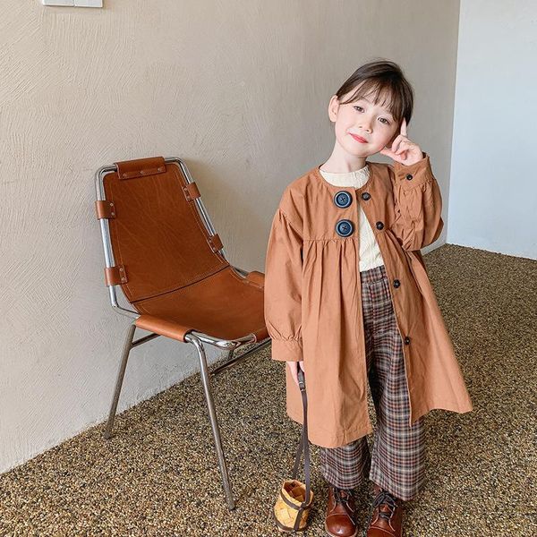 

coat 2021 autumn girls button decoration long style trench coats children cotton loose fashion windbreaker jackets, Blue;gray