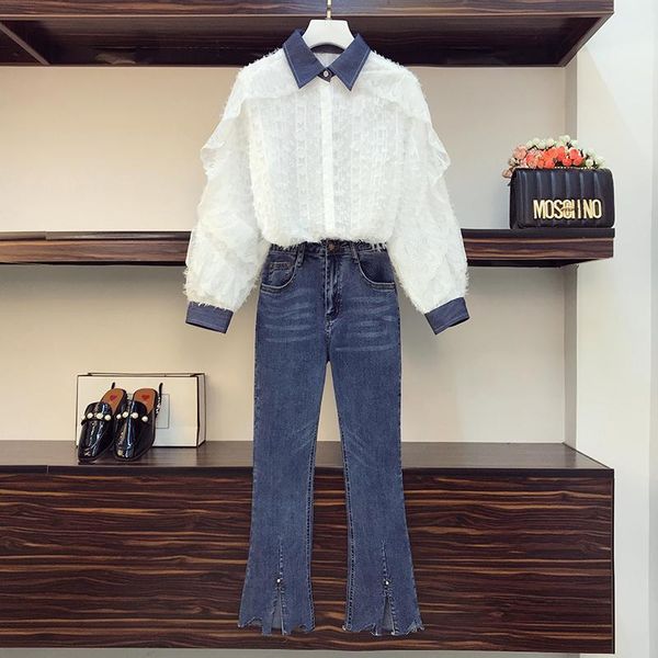 

women's two piece pants ladies elegant jean set 2021 fashion lapel lace denim stitching ruffled shirt blue pant suit plus size women, White