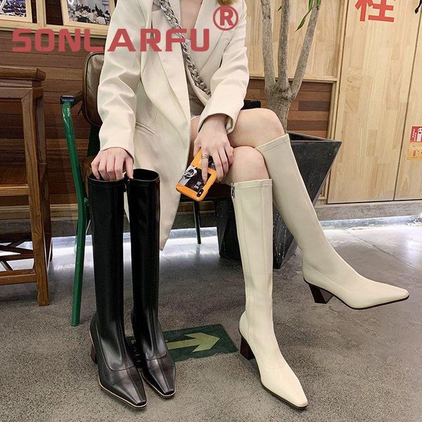 

boots sonlarfu women's long winter pointed high heel chunky white thin leg, Black