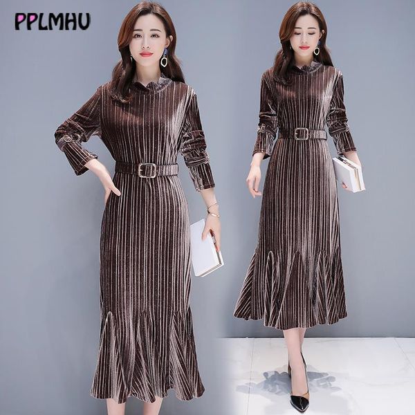 

casual dresses large size striped ruffle hem mermaid dress 2021 autumn winter gold velvet midi fashion elegant sequins party, Black;gray