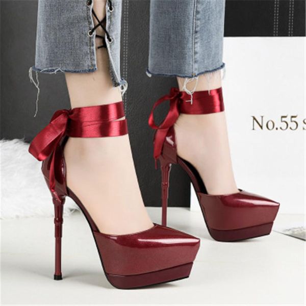 

dress shoes 2021 women 14.5cm platform high heels summer ankle riband pointed toe party nightclub stripper stilettos, Black