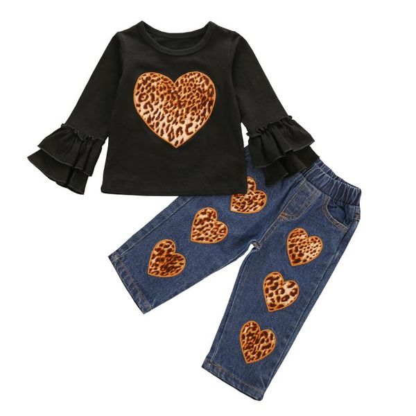 

clothing sets fashion kids girls clothes heart leopard print ruffles flare sleeve pullover denim pants 2pcs, White