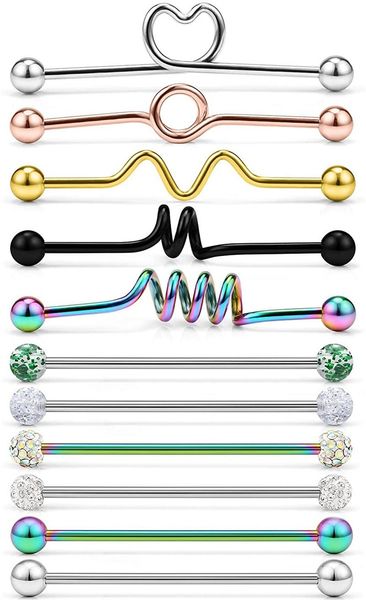 

other 16g 14g steel industrial barbell for women men cartilage earring helix rings body piercing jewelry 1 1/2 inch 38mm 11pc, Slivery;golden