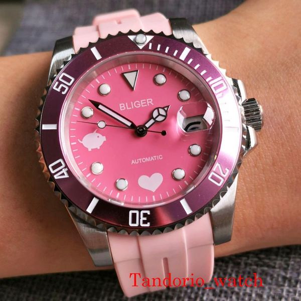 

wristwatches 40mm pink dial bezel insert nh35a automatic movement watch sapphire glass date rubber band curved end, Slivery;brown
