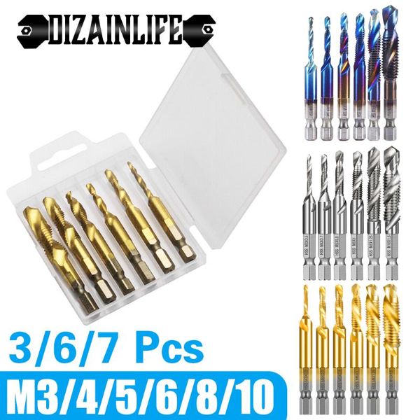 

hand tools metric thread tap drill bits set hex shank hss titanium plated screw combination m3 m4 m5 m6 m8 m10