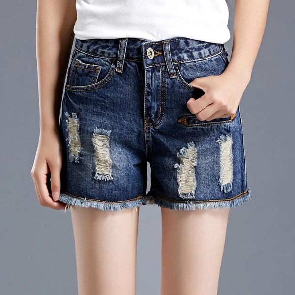 

women's shorts kja196 high waist women denim female big size hole jeans knickers straight trousers short feminino cintura alta, White;black